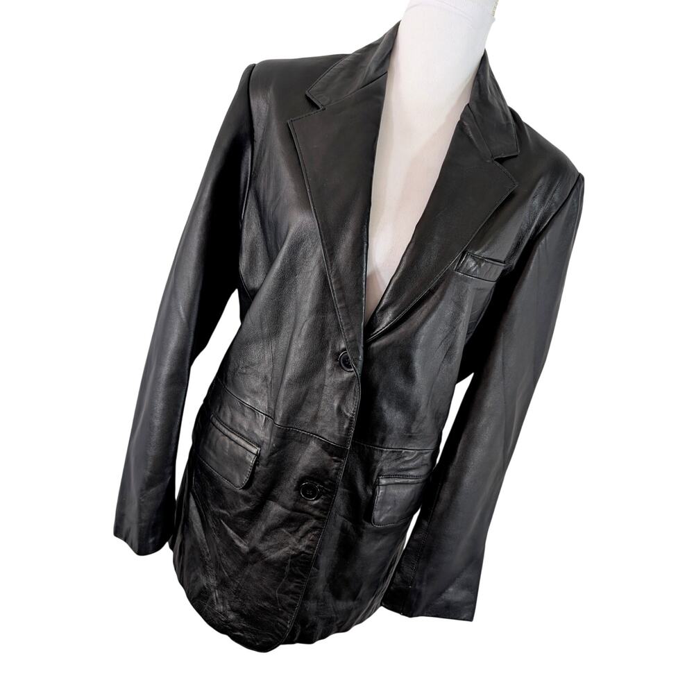 EXCELLED! RICH BLACK LEATHER, BUTTON FRONT, TAILORED DRESS JACKET, COAT! SZ 12